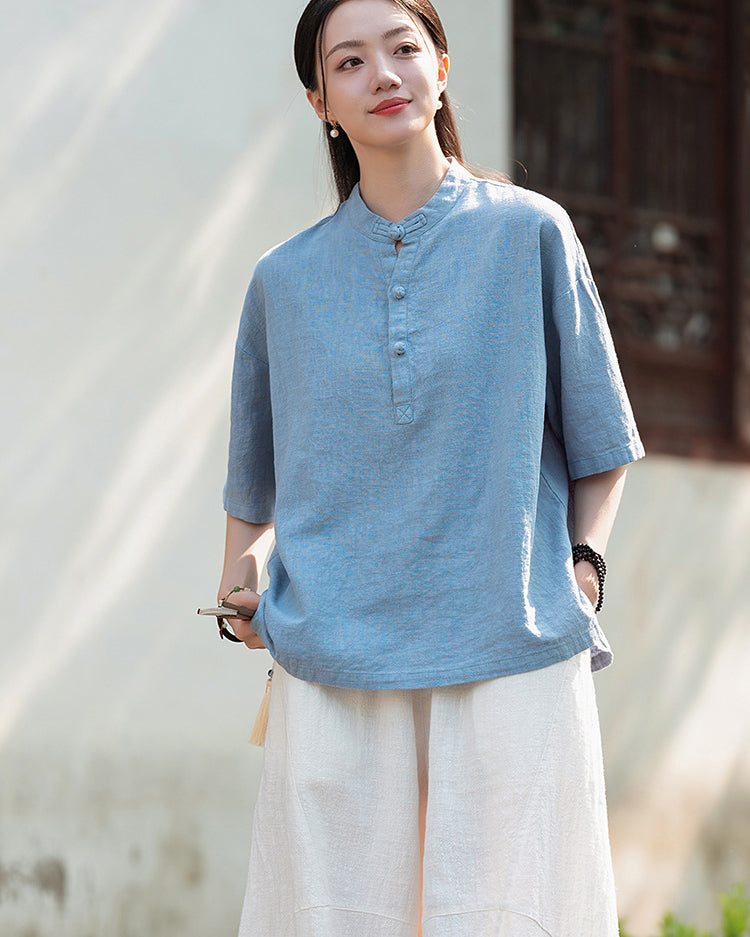 Frog button V-neck cotton  linen T-shirt, summer Chinese retro women sandwashed cotton  linen T-shirt 20240728