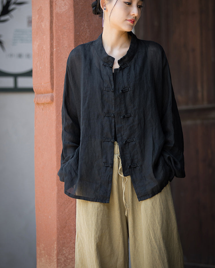 Summer Ramie Chinese Standing Collar Shirt,Sand Washed Frog Button Women's Long Sleeve Shirt 20240714