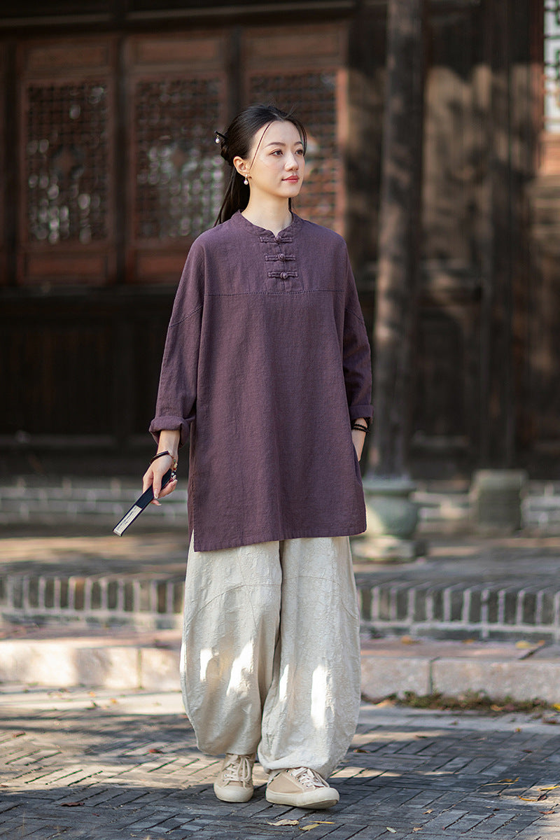 2026 Spring Retro Mandarin Collar Button-Down Cotton-Linen Blouse for Women: Chinese-Style Zen-Inspired Tea Ceremony Pullover, Ramie Stand-Up Collar Long-Sleeve Shirt
