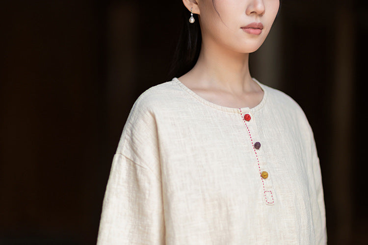 Round-Neck Chinese-Style Blouse: New Summer Style, Retro-Chic, Stitched Color-Blocking, Button-Front Short-Sleeve T-Shirt 20260511