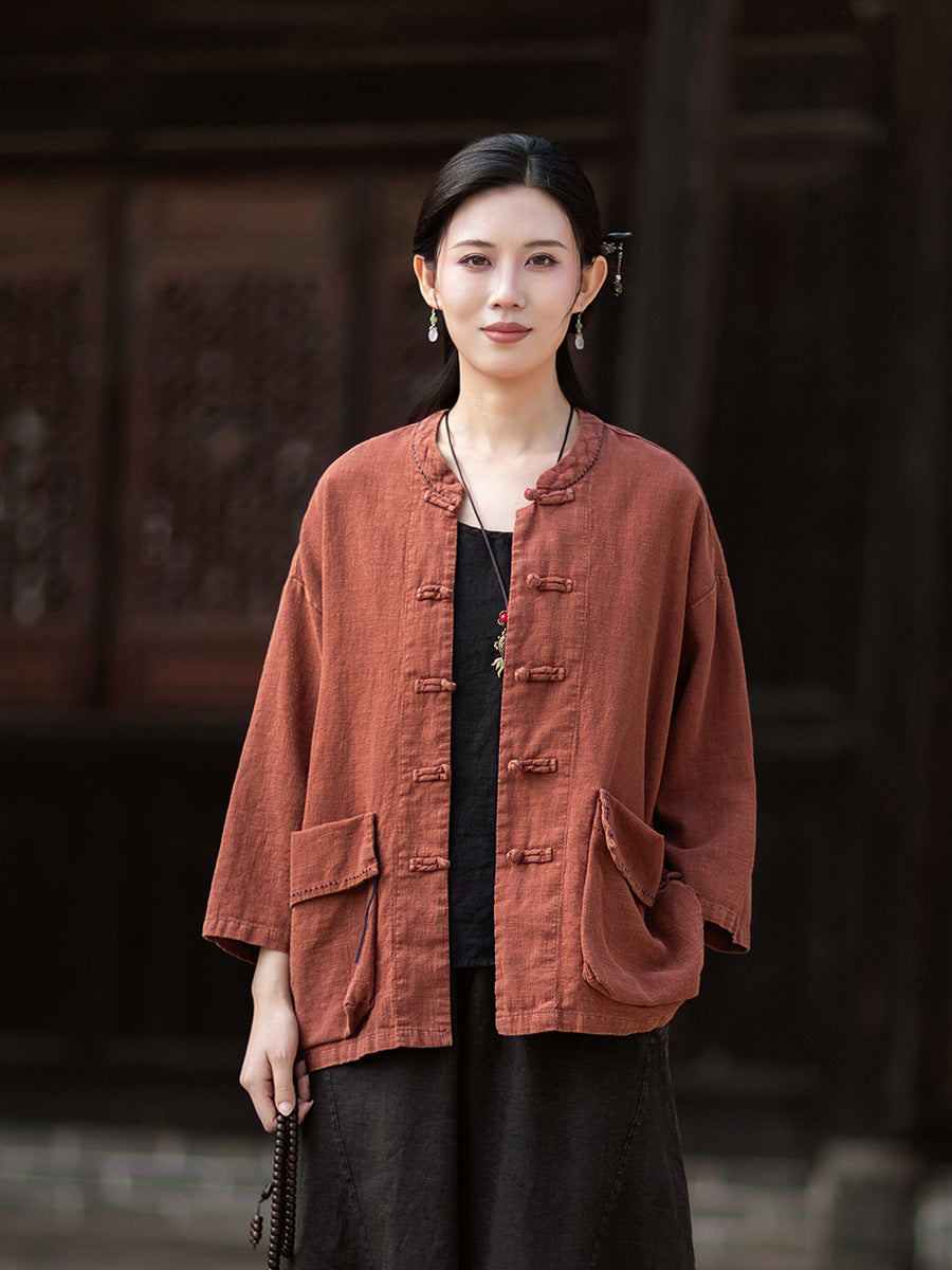 Summer New Arrival: Original Linen Hand-Knotted Button-Down Shirt with Large Pockets for Women – Vintage Distressed Jacket 20260511