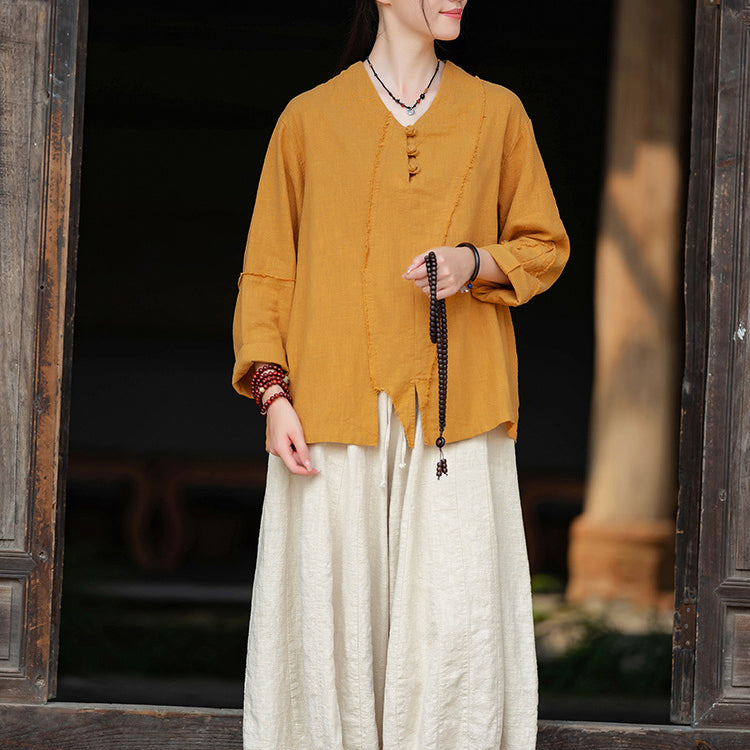 Woman Vintage Chinese Long Sleeve Cotton Linen Shirt with Embroidery V-Neck Loose Top 20240920