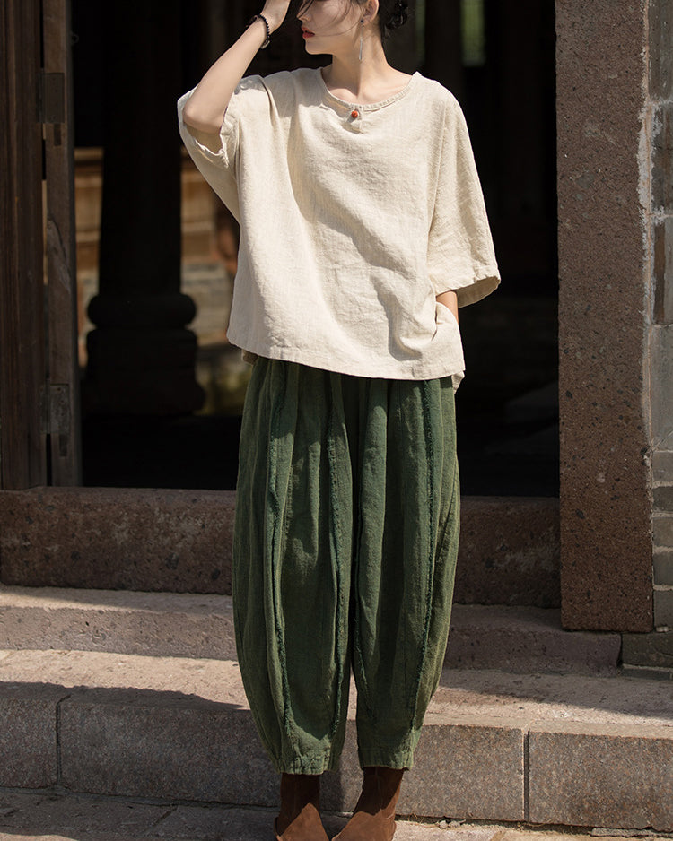 Summer Cotton Chinese t-shirt,Ramie Sand Washed Plate Button Women's Short Sleeve T-Shirt 20240714
