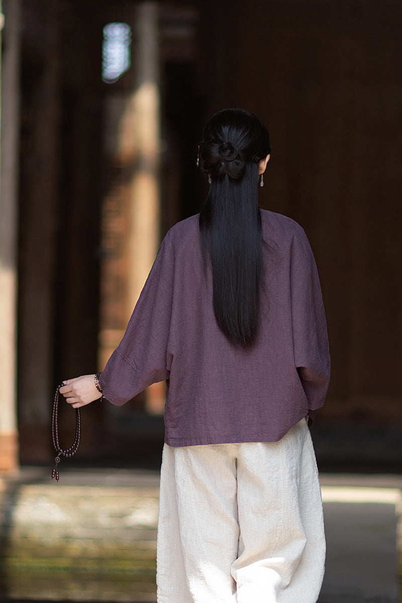New Chinese-Style Loose-Fit Women's Shirt: Ramie Distressed Mandarin-Collared Modified Tang-Style Cardigan 20260511