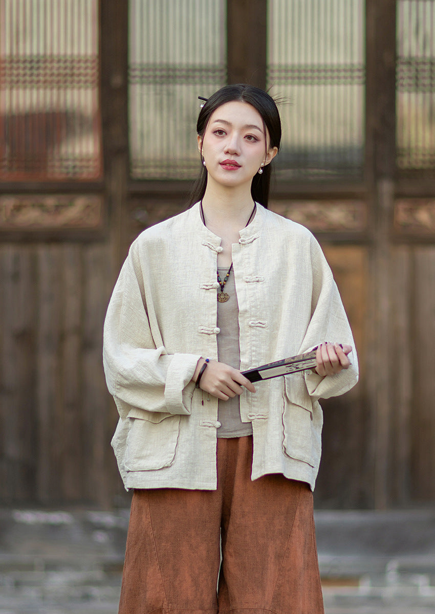 2026 Spring New Arrival: Original Vintage-Inspired Linen-Cotton Women's Cardigan, Loose-Fit Jacket with Stand-Up Collar and Button Closure