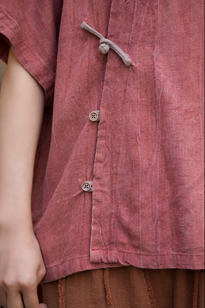 Women's Summer Chinese Short Sleeve Shirt, Vintage Cotton  Linen Casual Frog Button Shirt 20250604