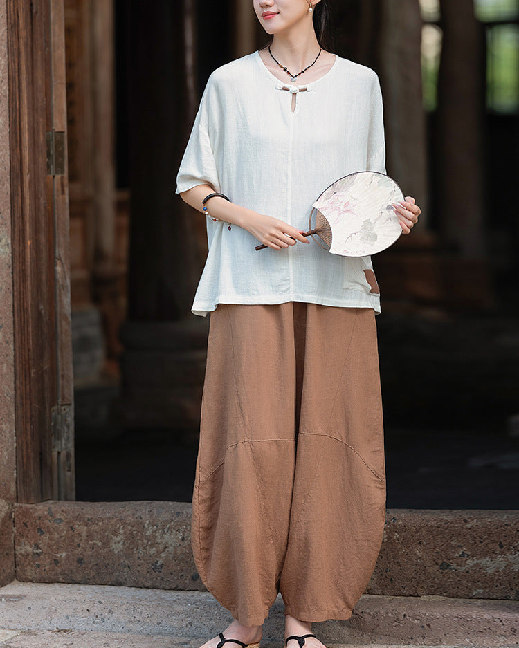 Frog button V-neck patchwork cotton  linen T-shirt, summer Chinese retro women sandwashed loose cotton  linen T-shirt 20240728