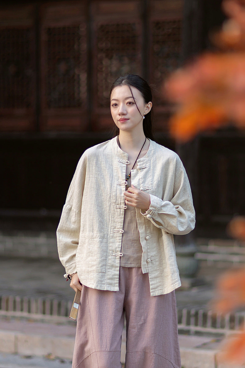 2026 New Arrival: Women's Long-Sleeve Cotton-Linen Blouse, Loose-Fit Chinese-Style Stand-Up Collar with Button-Down Front