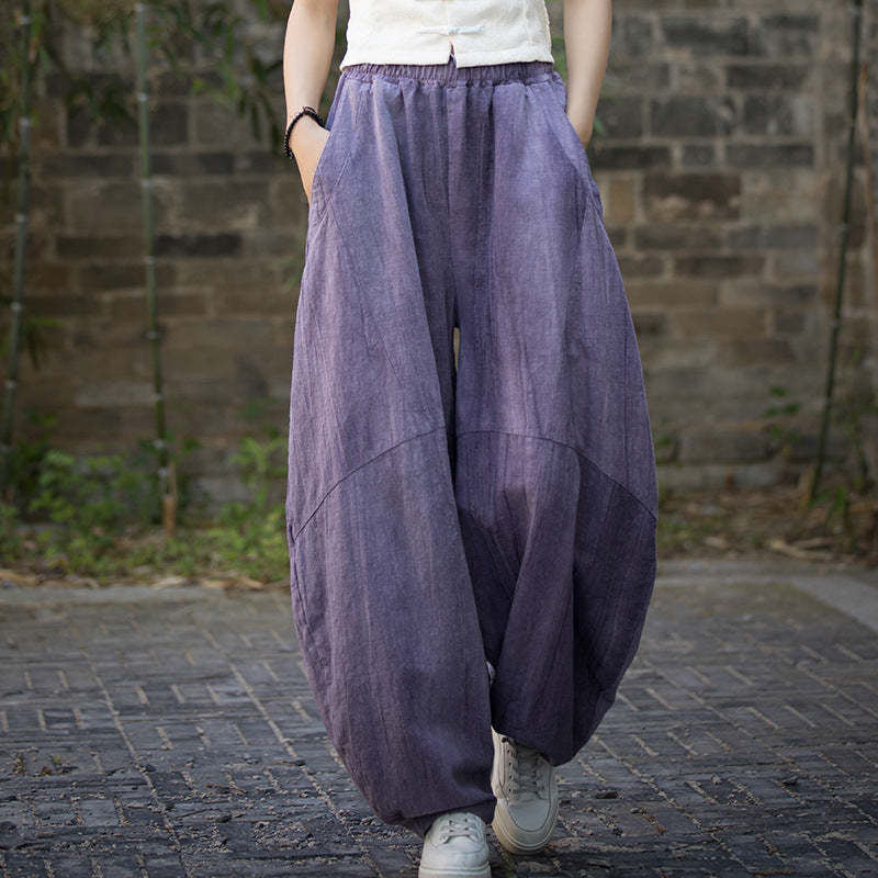 Ramie Handmade Tie-Dyed Loose Wide Leg Pants, Vintage Tapered Elastic Waist Lantern Pants 20240722