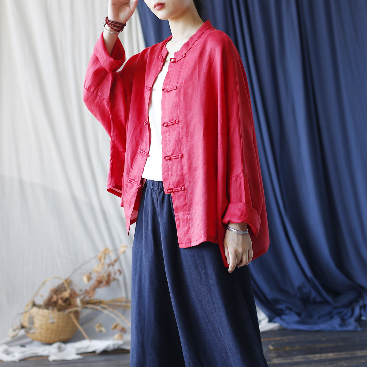 Summer Standing Collar Women Ramie Frog Button Shirt, Literary Retro Long Sleeve Loose Light Cardigan 20240802