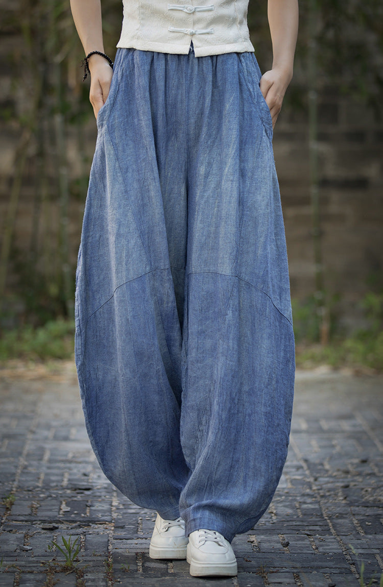 Ramie Handmade Tie-Dyed Loose Wide Leg Pants, Vintage Tapered Elastic Waist Lantern Pants 20240722