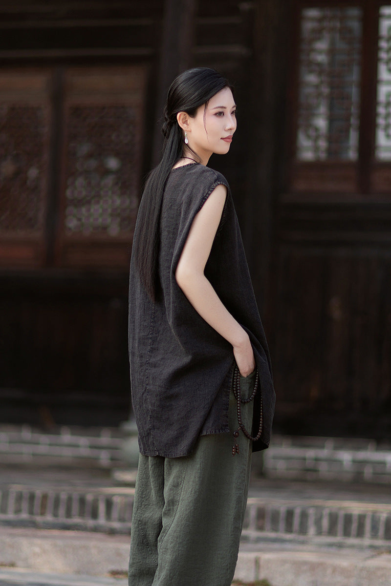 New Vintage-Style Ombré Distressed Versatile Lightweight Sleeveless Dress for Women: Round-Neck Linen Tank Dress 20260511