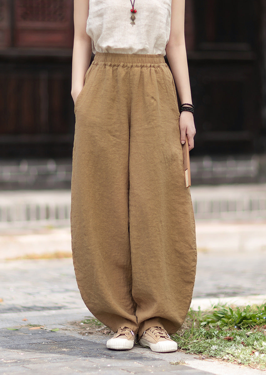 Summer Loose-Fit Zen-Inspired Boho Retro Elastic Waist Slimming Drapey Casual Pants Linen Bell-Bottom Pants 20260511