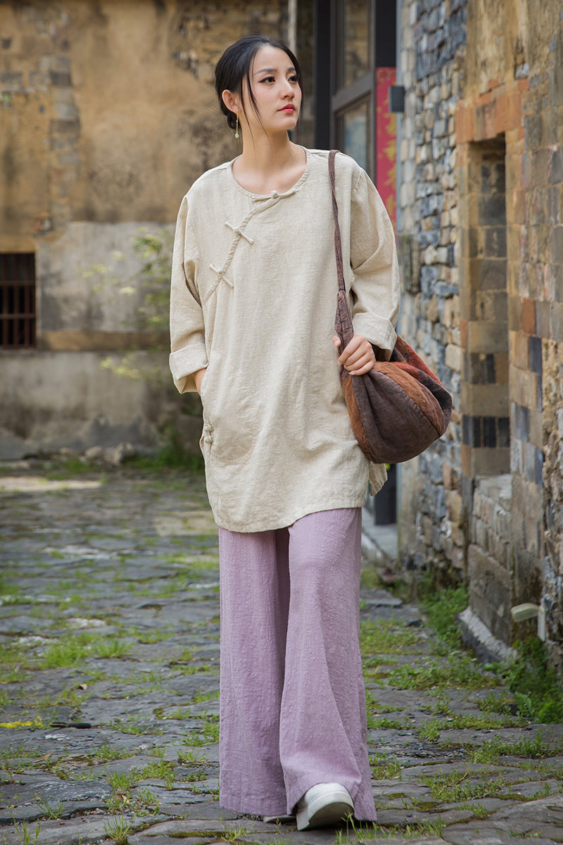 Vintage Summer Chinese Boat Collar Long Sleeve Shirt, Cotton  Linen Washed Frog Long T-Shirt 20250604