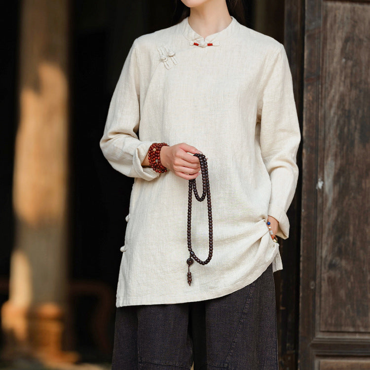 Women's vintage Chinese frog button long-sleeved cotton and linen shirt, stand-up collar loose cotton and linen jacket 20240920