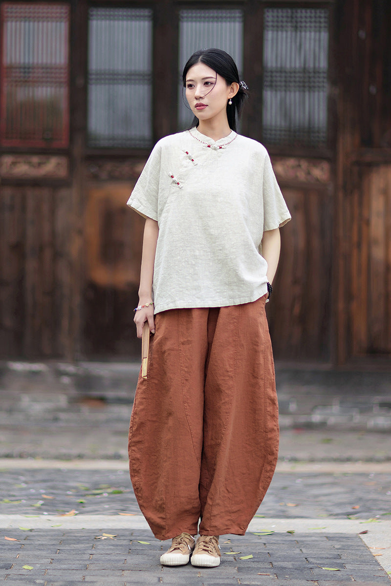 Women's Cotton-Linen Retro Zen-Inspired Stand-Collar Shirt with Stitched Buttonholes and Asymmetrical Hem 20260511