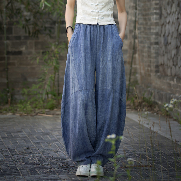 Ramie Handmade Tie-Dyed Loose Wide Leg Pants, Vintage Tapered Elastic Waist Lantern Pants 20240722