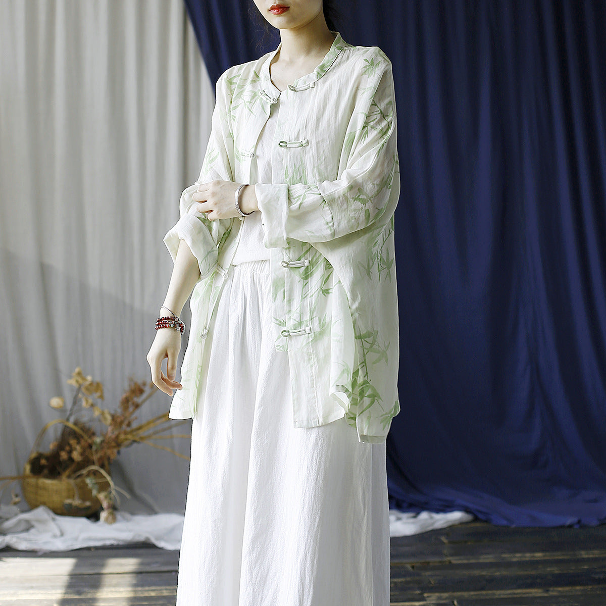 Loose Summer Printed Ramie Shirt, Standing Collar Frog Button Chinese Casual Shirt 20240803