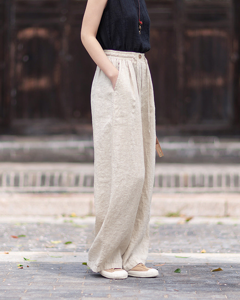New Summer Collection: Women's Cotton-Linen Artistic and Versatile Casual Linen Pants with Drawstring Elastic Waist, Flowing Silhouette, and Slimming Straight Legs 20260511