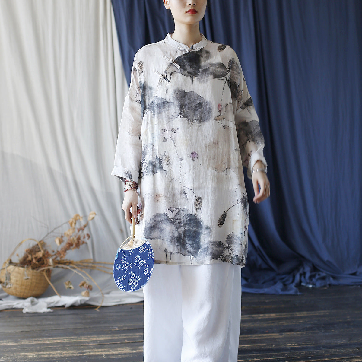 Summer Printed Standing Collar Chinese Frog Button Casual Shirt, Loose Ramie Shirt 20240803