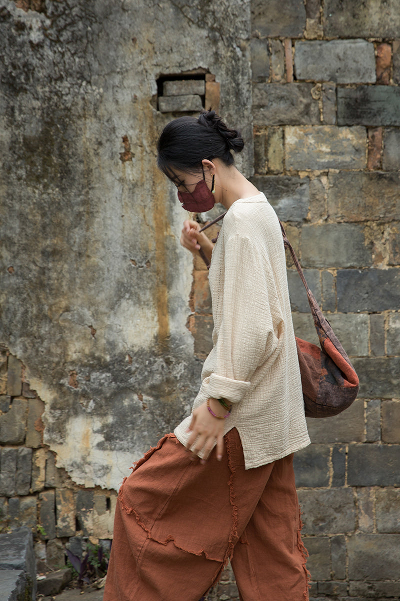 Vintage Summer Chinese Boat Collar Long Sleeve Shirt, Cotton  Linen Washed Frog Long T-Shirt 20250604