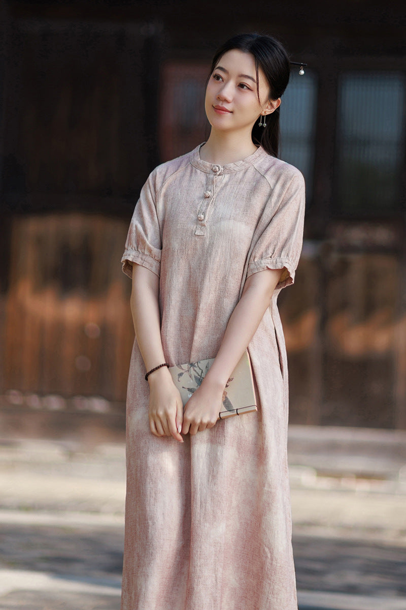 2026 Summer Ramie New Chinese-Style Modified Maxi Dress, French-Style Puffed-Sleeve Maxi Dress