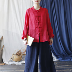 Summer Standing Collar Women Ramie Frog Button Shirt, Literary Retro Long Sleeve Loose Light Cardigan 20240802