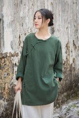 Vintage Summer Chinese Boat Collar Long Sleeve Shirt, Cotton  Linen Washed Frog Long T-Shirt 20250604