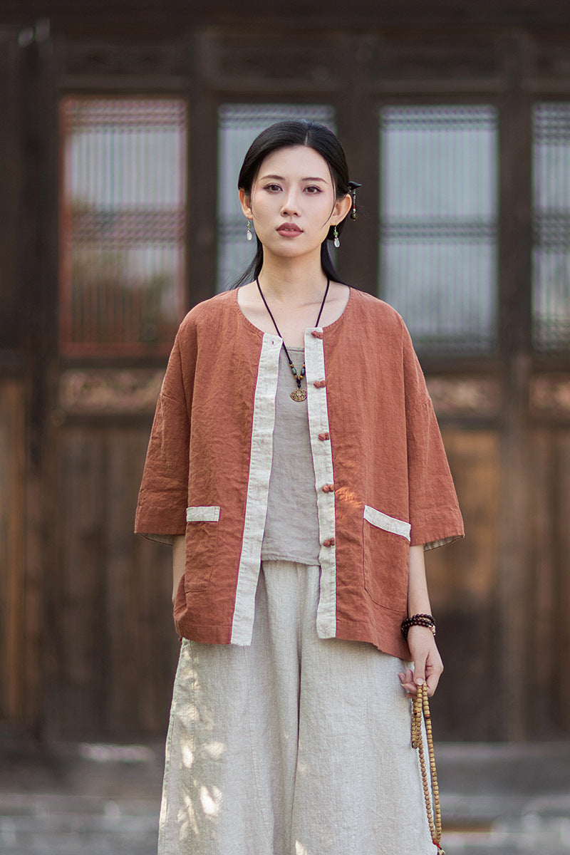 New New Chinese-Style Design: Comfortable, Lightweight Linen Top with Color-Blocked Patchwork and Button-Front Cardigan 20260511