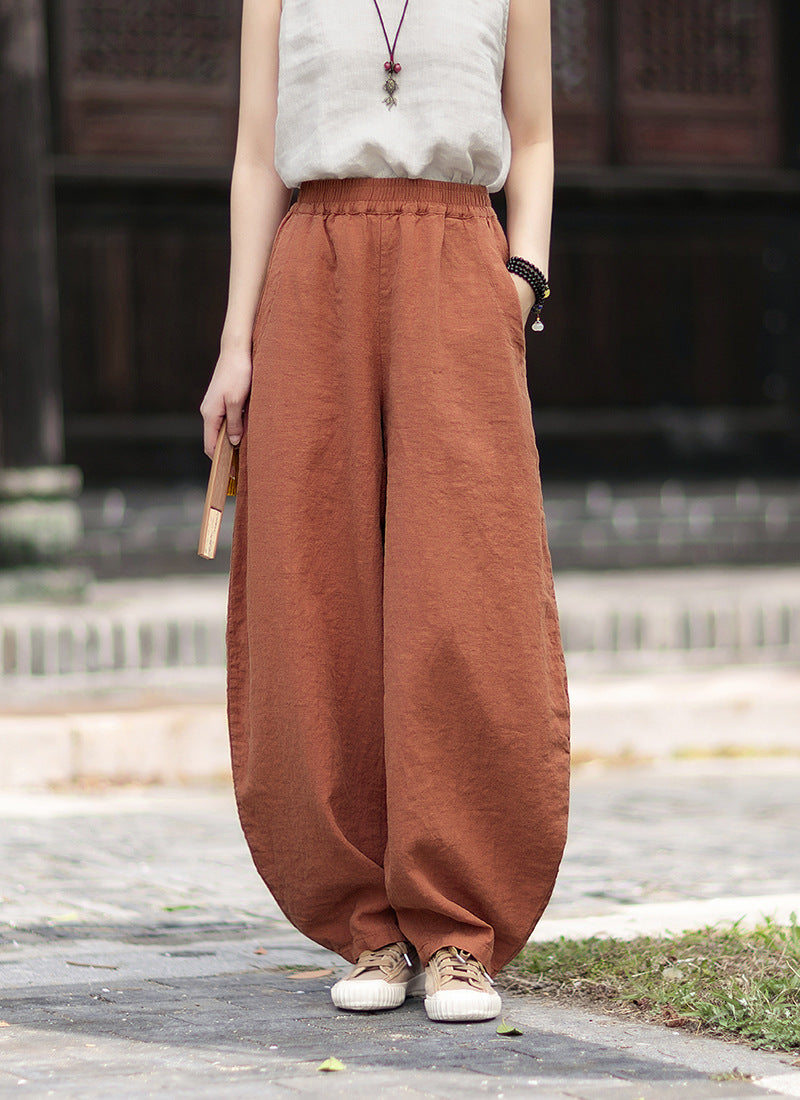 Summer Loose-Fit Zen-Inspired Boho Retro Elastic Waist Slimming Drapey Casual Pants Linen Bell-Bottom Pants 20260511