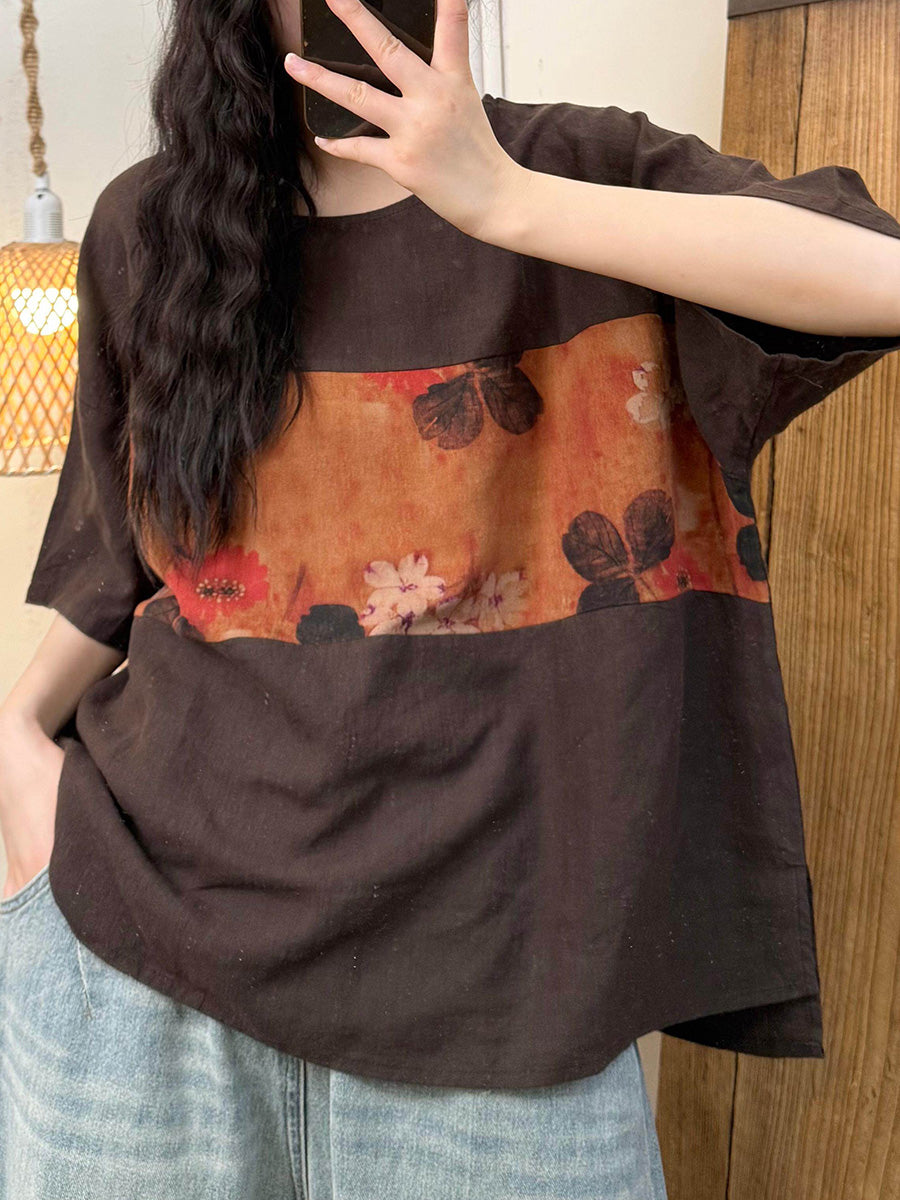 Women Loose-fitting printed T-shirt Summer Vintage Flower Spliced O-Neck Shirt