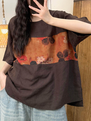 Women Loose-fitting printed T-shirt Summer Vintage Flower Spliced O-Neck Shirt