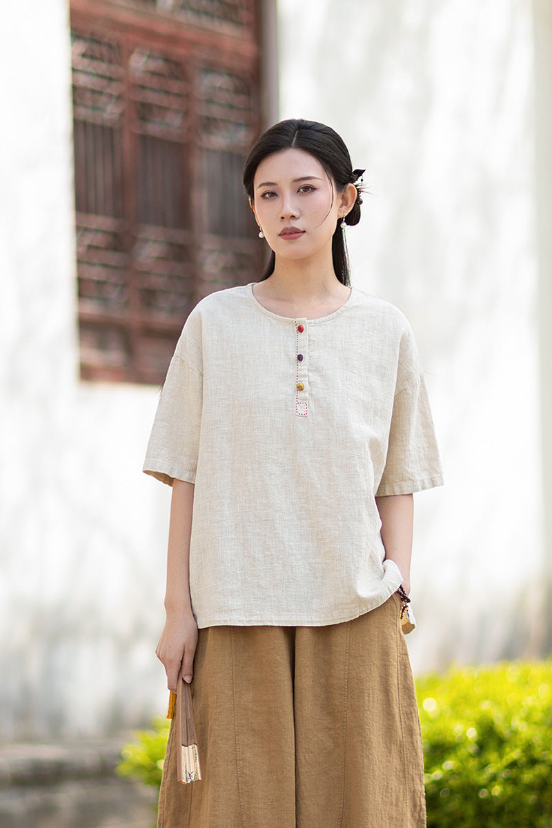 Round-Neck Chinese-Style Blouse: New Summer Style, Retro-Chic, Stitched Color-Blocking, Button-Front Short-Sleeve T-Shirt 20260511