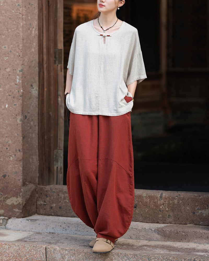 Frog button V-neck patchwork cotton  linen T-shirt, summer Chinese retro women sandwashed loose cotton  linen T-shirt 20240728