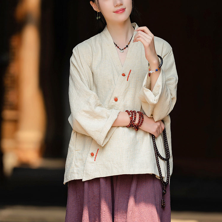 Women's Vintage Chinese Long Sleeve Cotton Linen Shirt with Embroidery V-Neck Loose Kimono 20240920