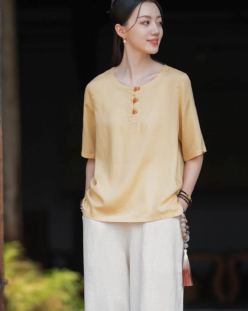 Frog Button Cotton  Linen Shirt, Summer Chinese Vintage Women Sandwashed Cotton  Linen T-shirt 20240728