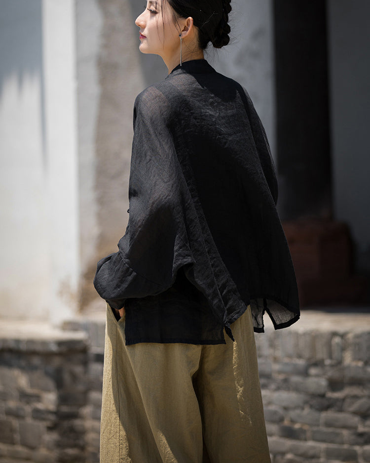 Summer Ramie Chinese Standing Collar Shirt,Sand Washed Frog Button Women's Long Sleeve Shirt 20240714