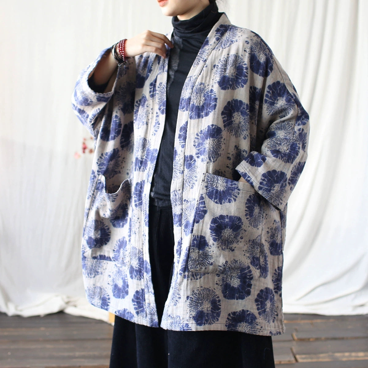 Vintage Blue Japanese kimono, Oversize Printed bamboo leaf Cotton  Linen Jacket 20250408