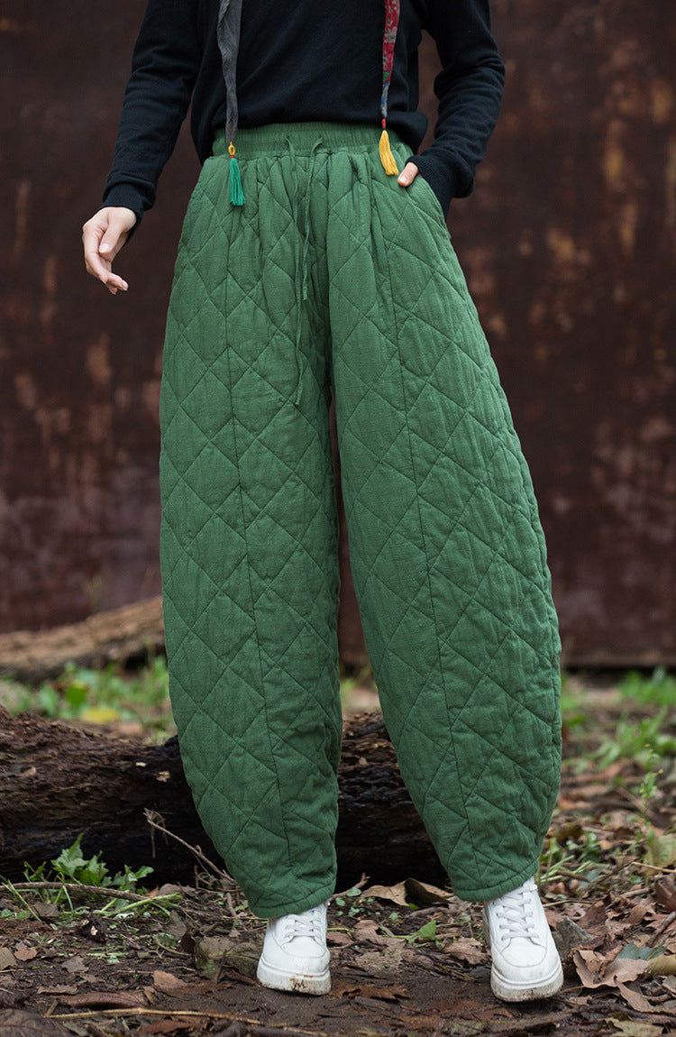 2024 Winter Thickened Diamond Quilted Warm Cotton Linen Pants, Vintage Loose Cotton Linen Tapered Pants 20241114