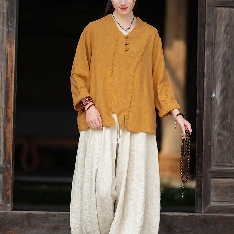 Woman Vintage Chinese Long Sleeve Cotton Linen Shirt with Embroidery V-Neck Loose Top 20240920