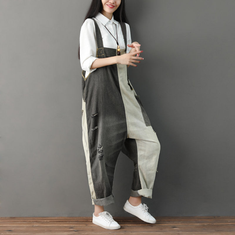 Patchwork cotton overalls, women's denim overalls, stonewashed loose overalls