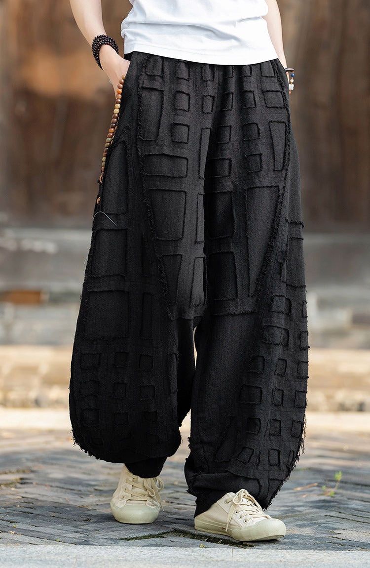 Original personality patchwork natural burlap linen lantern pants personality female wide-legged pants (fall and winter) 20240920