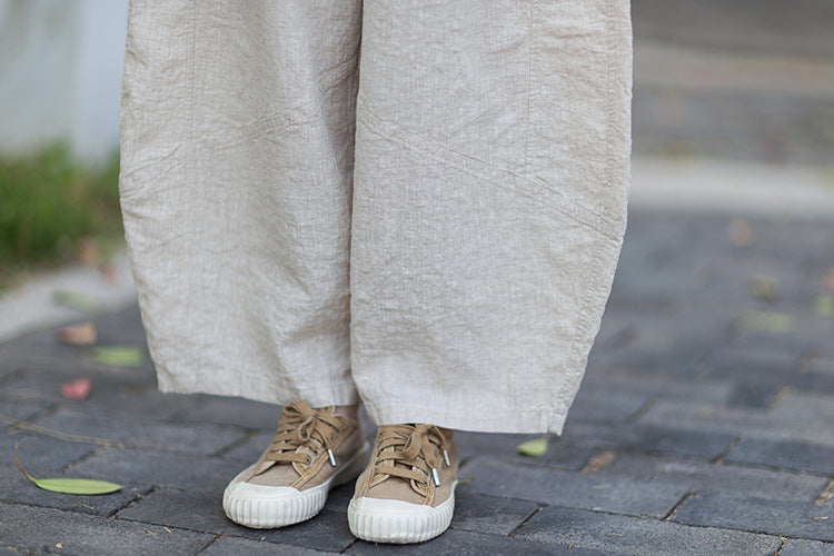 New Summer Arrival: Women's Artistic-Style Lightweight Linen Casual Pants with Elastic Waistband, Sandwashed, Distressed, Patchwork, and Cropped Bell-Bottom Design 20260511