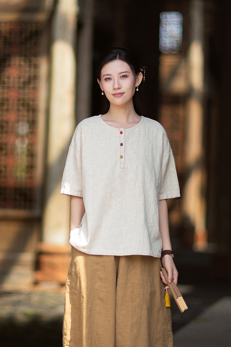 Round-Neck Chinese-Style Blouse: New Summer Style, Retro-Chic, Stitched Color-Blocking, Button-Front Short-Sleeve T-Shirt 20260511