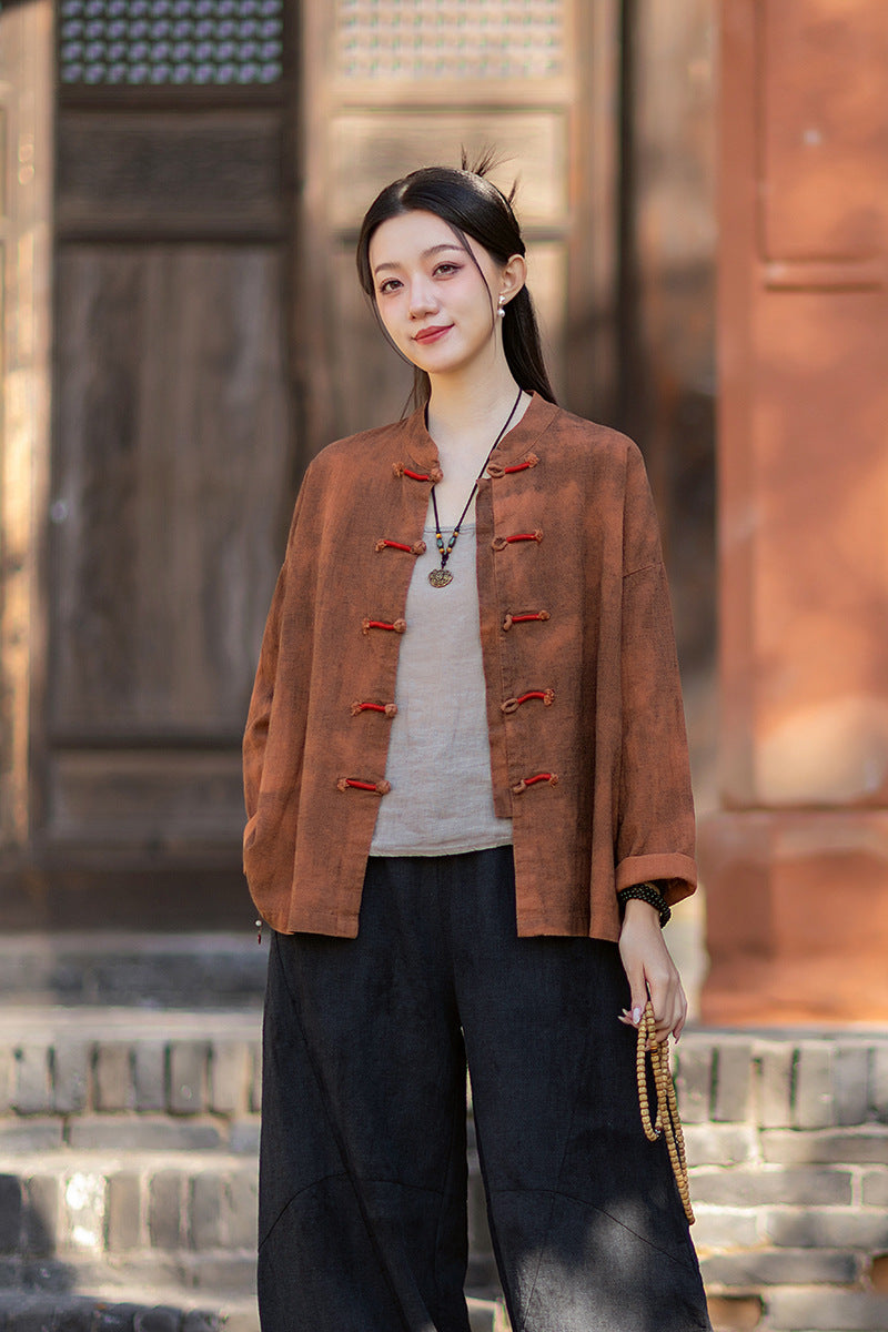 2026 Spring New Arrival: Chinese-Style Retro Double-Breasted Color-Blocked Button-Down Shirt, Women's Modernized Stand-Up Collar Ombre-Dye Tang-Style Cardigan