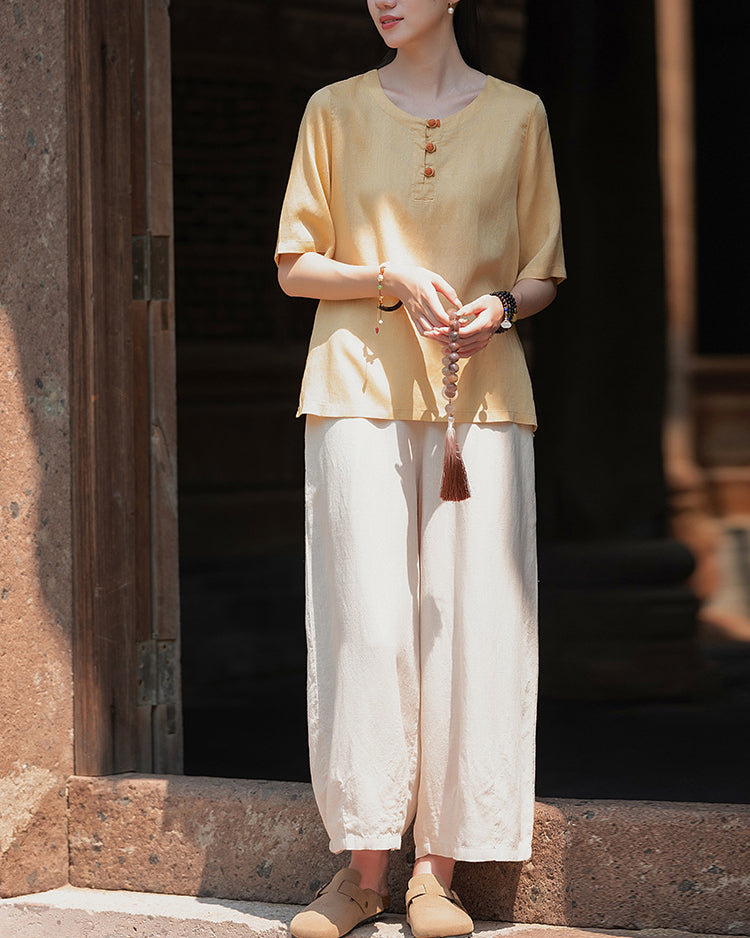 Frog Button Cotton  Linen Shirt, Summer Chinese Vintage Women Sandwashed Cotton  Linen T-shirt 20240728