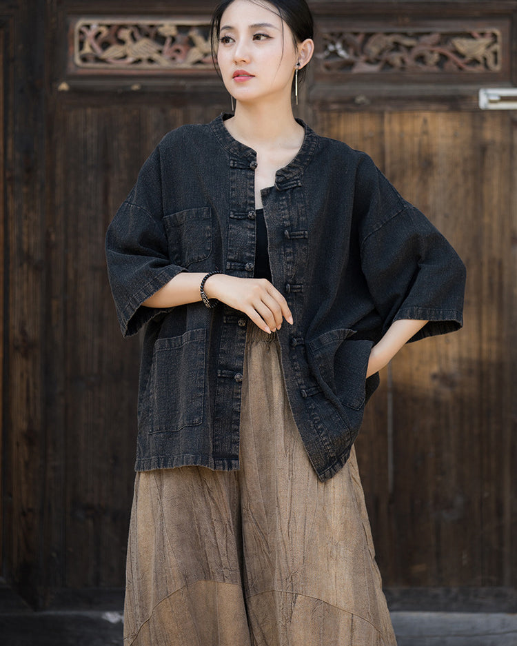 Summer cotton linen Chinese stand-up collar shirt plus size, sandwashed frog button women's long-sleeved shirt 20240714