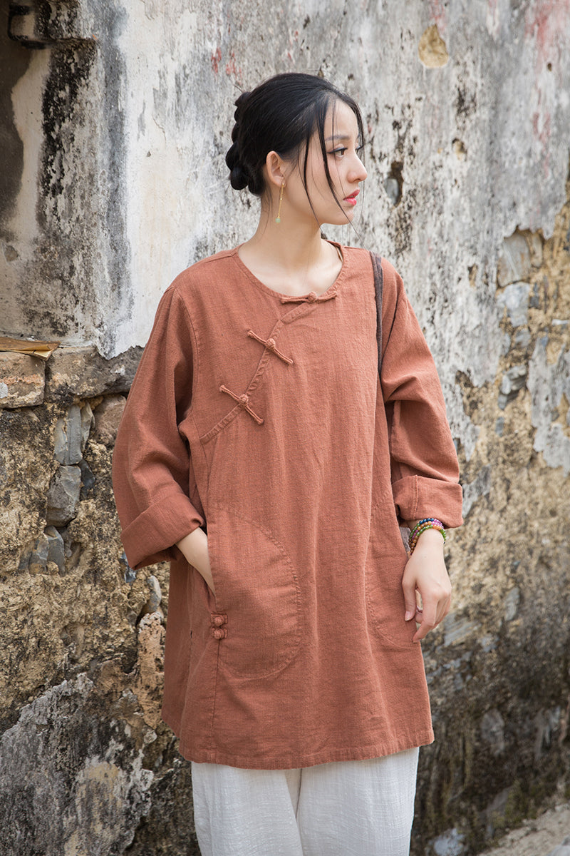 Vintage Summer Chinese Boat Collar Long Sleeve Shirt, Cotton  Linen Washed Frog Long T-Shirt 20250604
