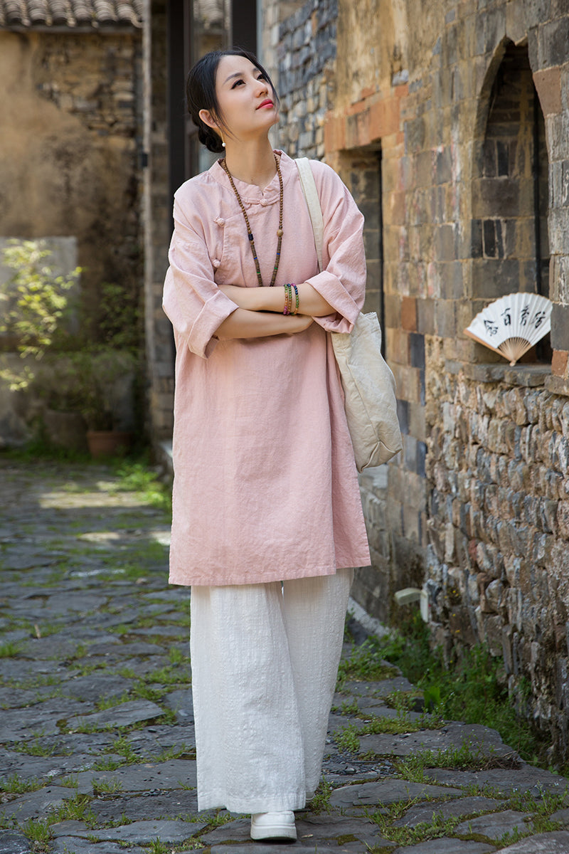 Women's summer Chinese loose frog button cheongsam, retro cotton  linen casual long shirt20250604