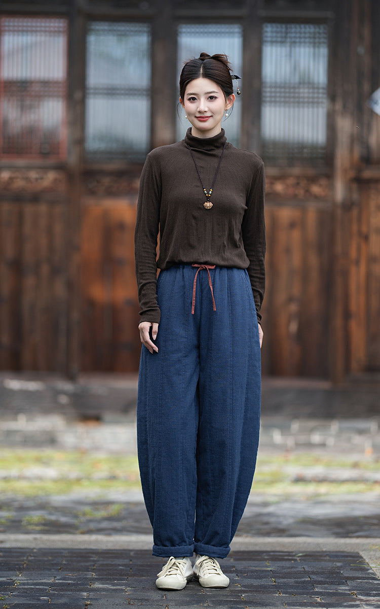 2026 Winter New Arrival: Ramie-Blend, Color-Blocked, Drawstring, Quilted, Thickened Cotton Pants—Versatile, Slimming, Loose-Fit Casual Pants